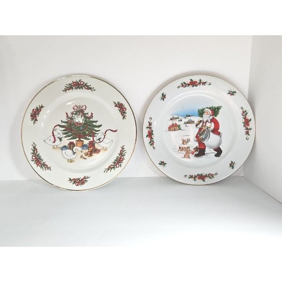 Country Christmas Decorative Plate By Jay Porcelain 2 Pc Set Geese Trees Santa - Picture 1 of 12